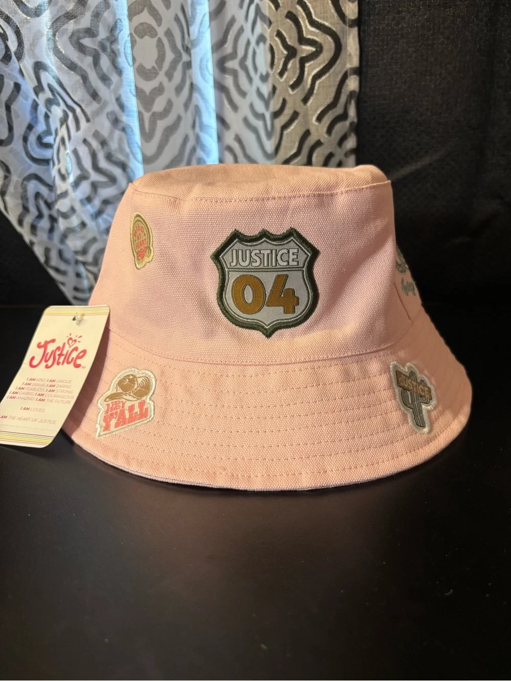 Justice Pink Bucket Hat with Embroidered Patch Accents